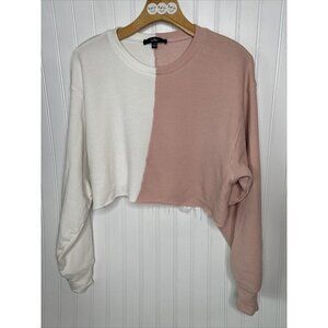 Lulu’s Womens Womens Small Color block Pink Cream L/S Raw Hem Crop Fleece Shirt